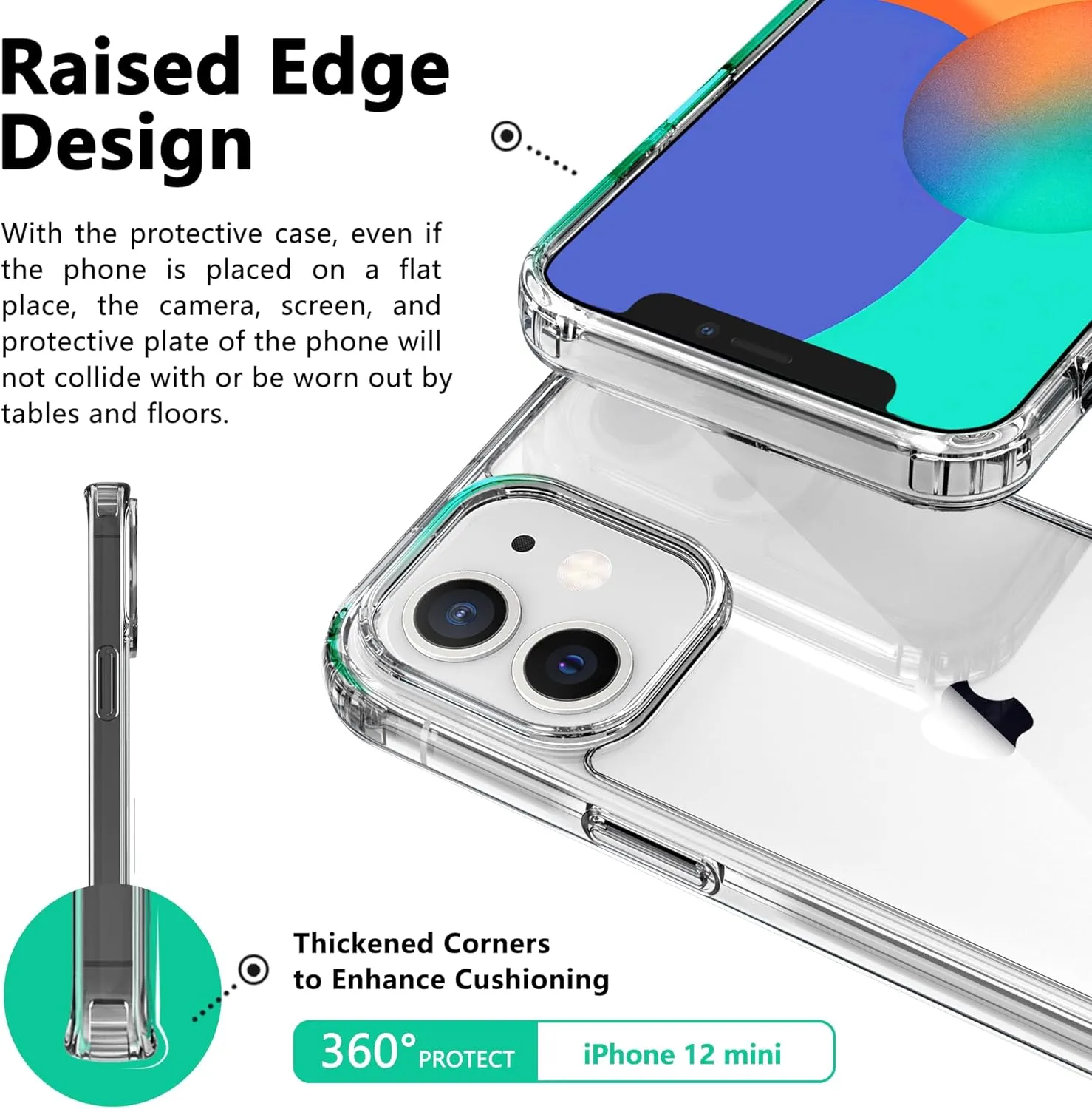 ONES for iPhone 12 Mini HD Clear Slim Hard Case Military-Grade Protection [Shockproof Airbags] Raise Edges Protect Camera & Screen, [Anti Yellow & Slip] PC   TPU Hybrid Transparent Silicone Cover