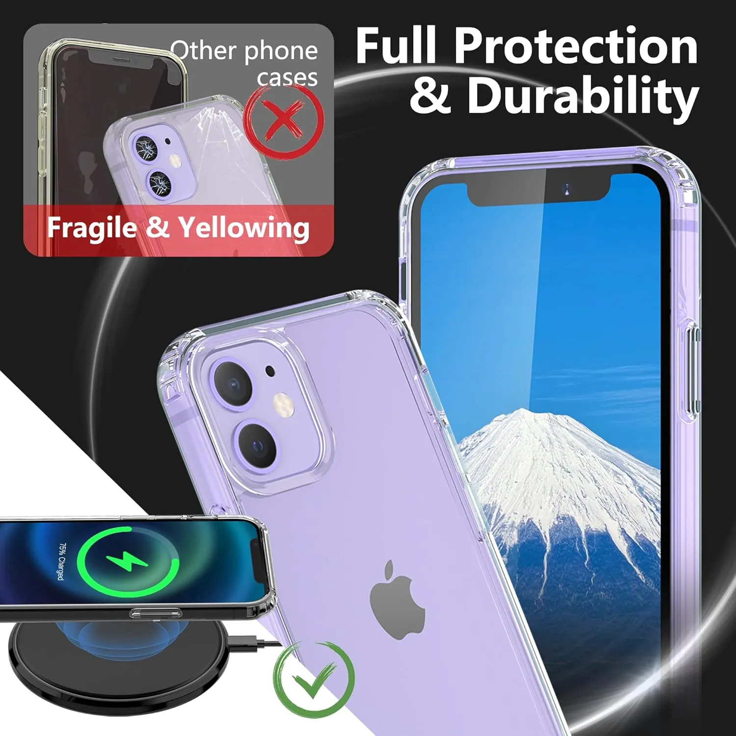 ONES for iPhone 12 Mini HD Clear Slim Hard Case Military-Grade Protection [Shockproof Airbags] Raise Edges Protect Camera & Screen, [Anti Yellow & Slip] PC   TPU Hybrid Transparent Silicone Cover