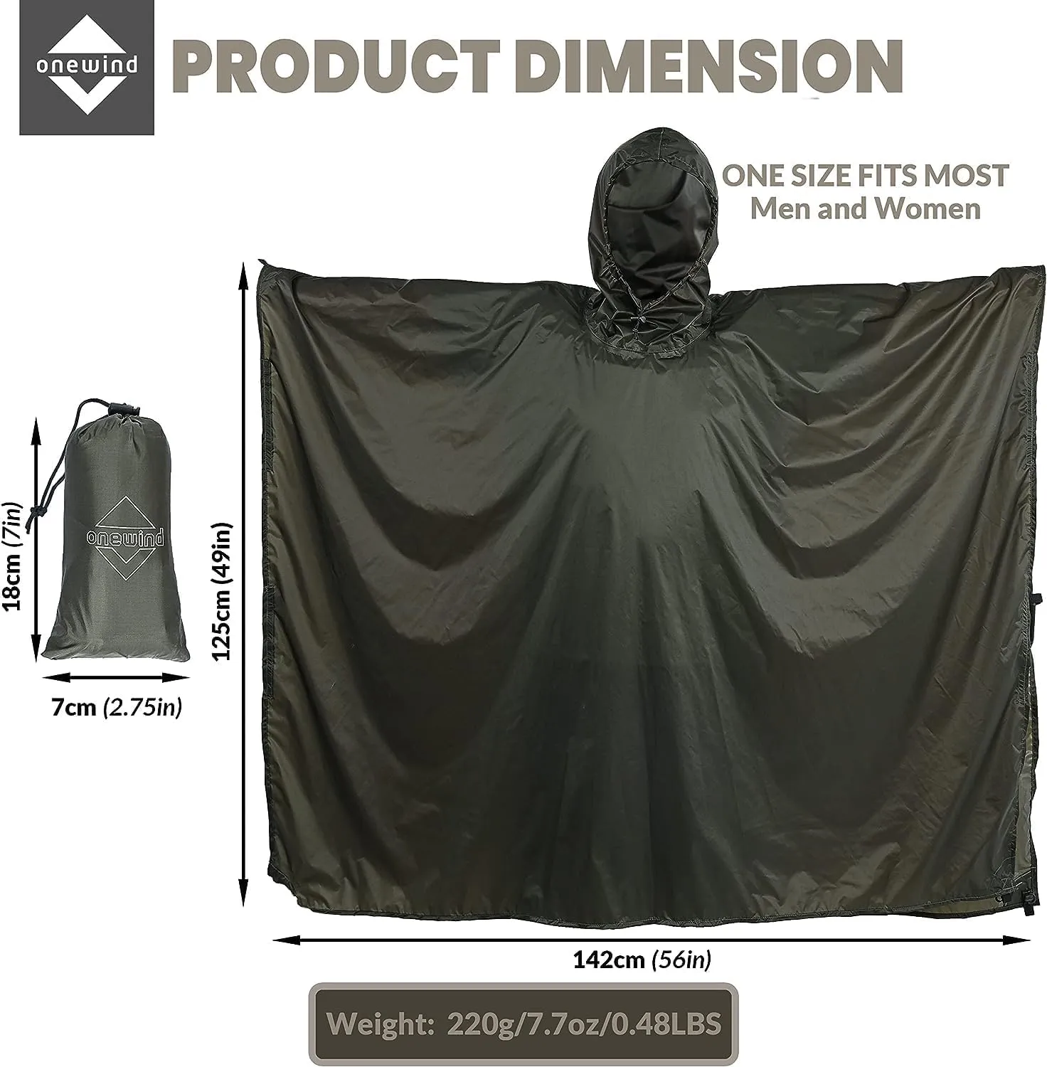 onewind Hooded Rain Poncho, Silnylon Rain Coat Versatile Survival Shelter Waterproof Breathable Lightweight Poncho