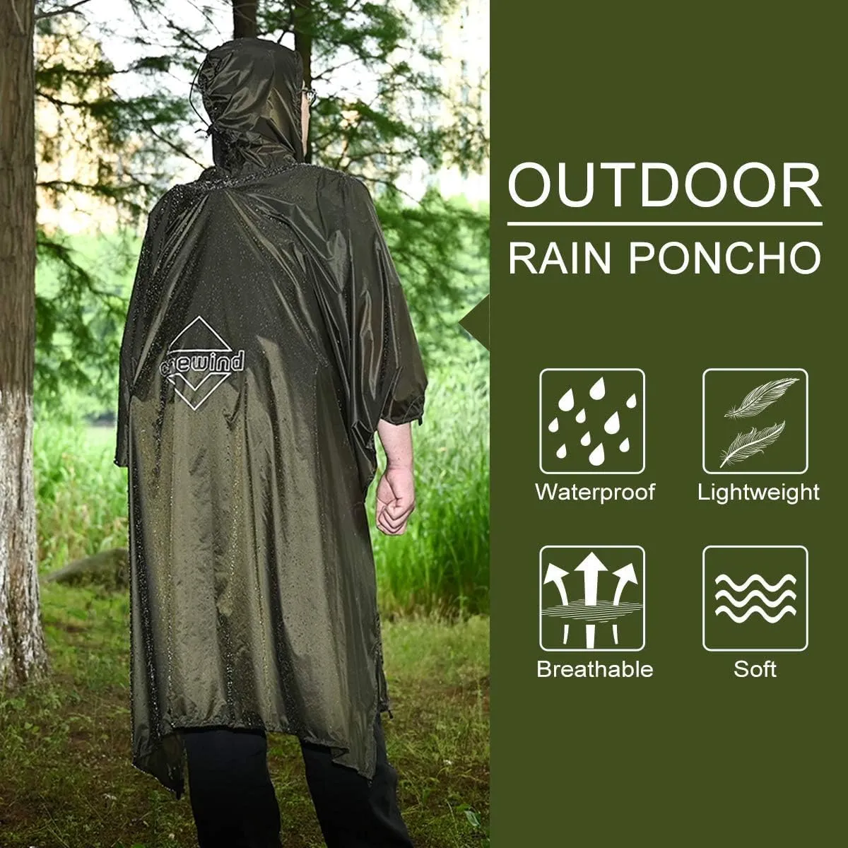 onewind Hooded Rain Poncho, Silnylon Rain Coat Versatile Survival Shelter Waterproof Breathable Lightweight Poncho