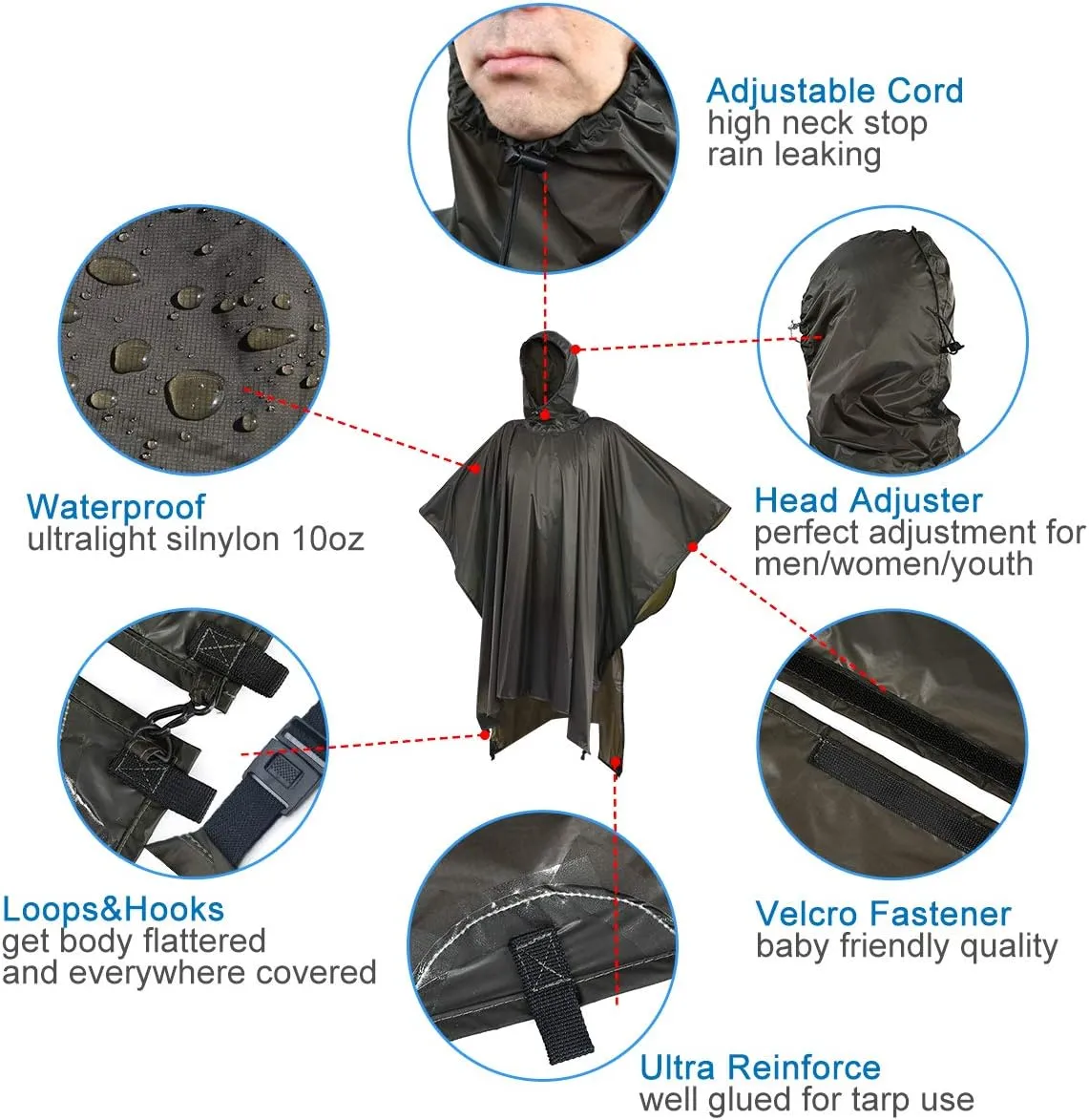 onewind Hooded Rain Poncho, Silnylon Rain Coat Versatile Survival Shelter Waterproof Breathable Lightweight Poncho