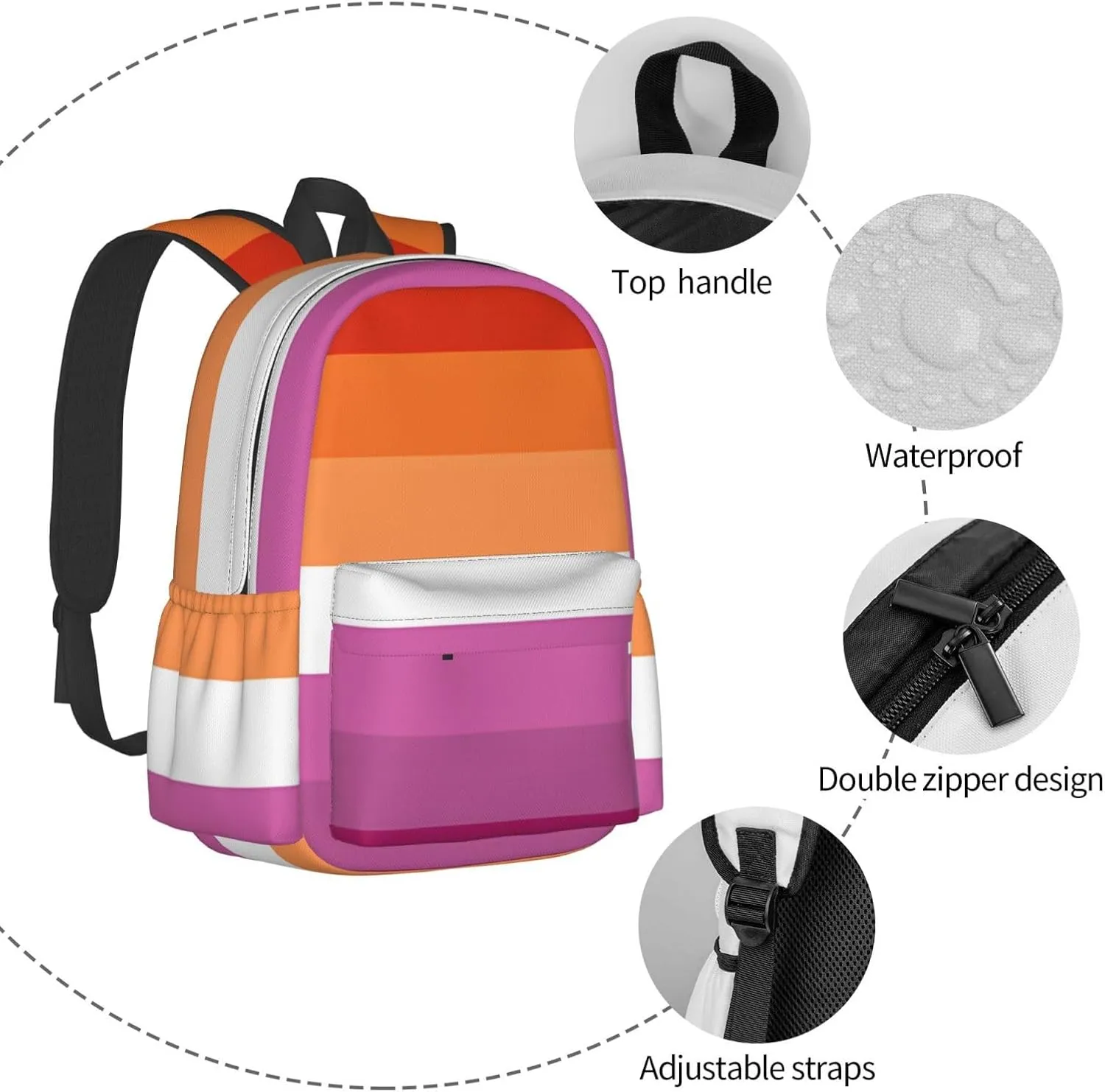 Orange Magenta Lesbian Pride Flag Laptop Backpack Shoulder Bag Laptop Pack Travel Backpacks Commuter Back Pack Casual Daypack Bags With Side Pockets