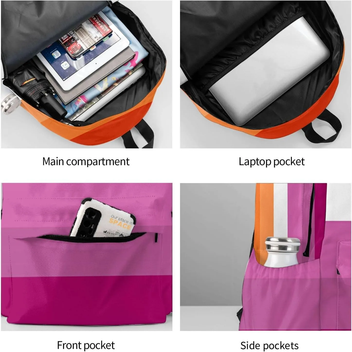 Orange Magenta Lesbian Pride Flag Laptop Backpack Shoulder Bag Laptop Pack Travel Backpacks Commuter Back Pack Casual Daypack Bags With Side Pockets