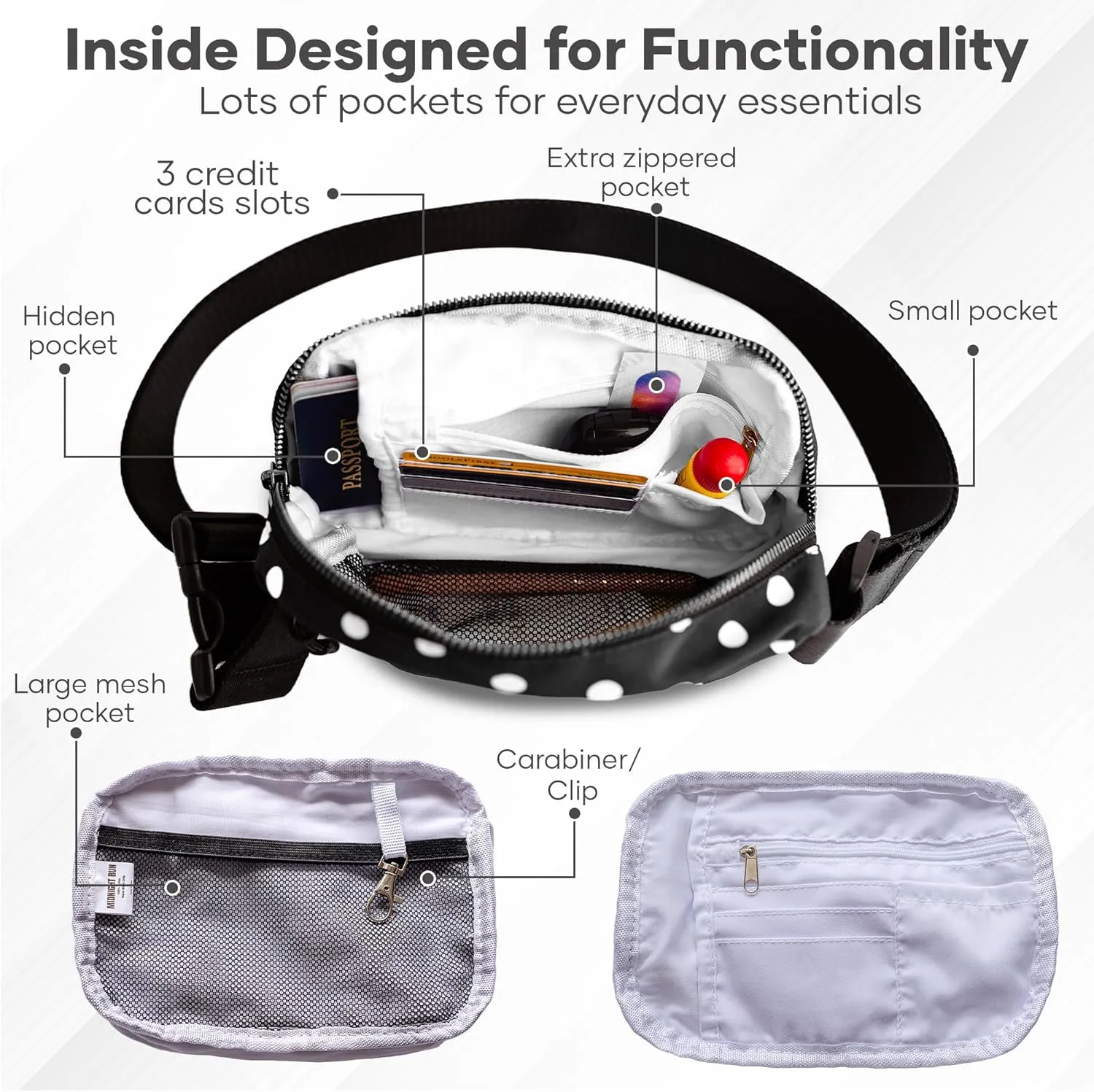 Organized Fanny Pack up to 59”, Polka Dots Crossbody Belt Bag, Plus Size 6 pockets, credit card slots, hole for dog bags, waist bag, kids women men gift, by Midnight Run