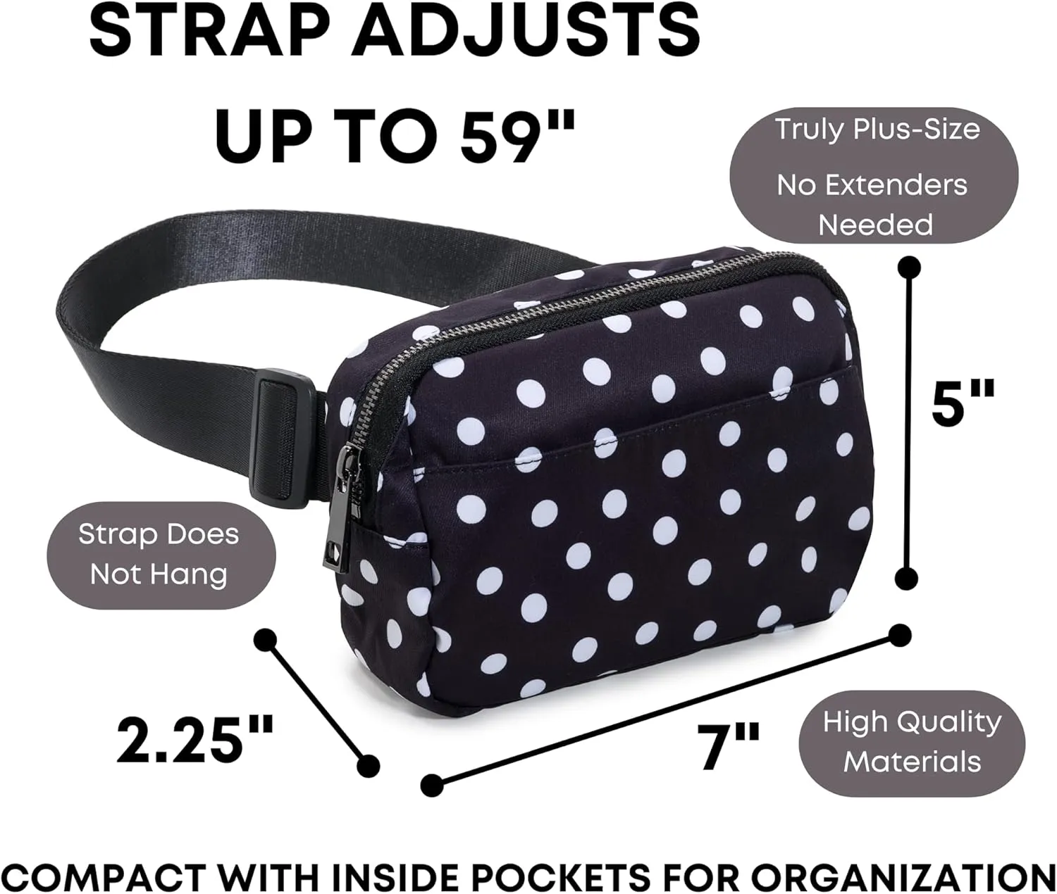 Organized Fanny Pack up to 59”, Polka Dots Crossbody Belt Bag, Plus Size 6 pockets, credit card slots, hole for dog bags, waist bag, kids women men gift, by Midnight Run