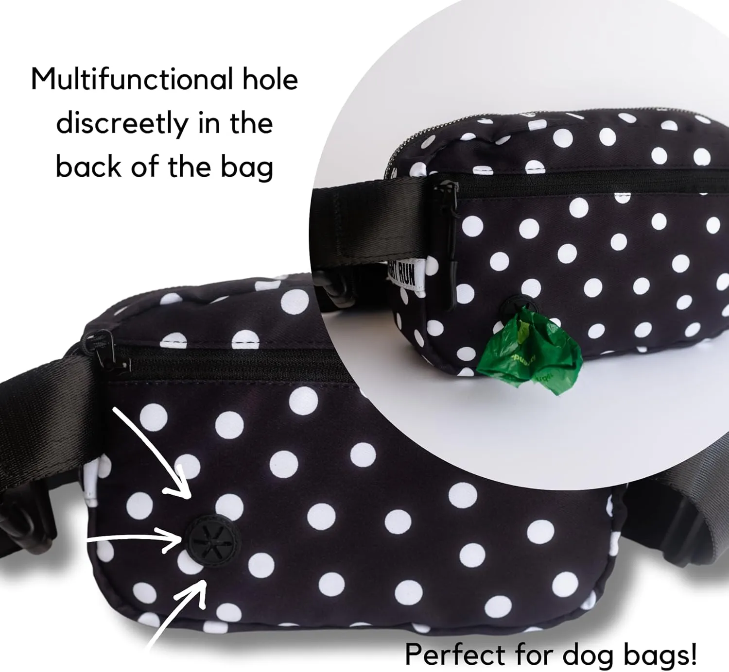 Organized Fanny Pack up to 59”, Polka Dots Crossbody Belt Bag, Plus Size 6 pockets, credit card slots, hole for dog bags, waist bag, kids women men gift, by Midnight Run