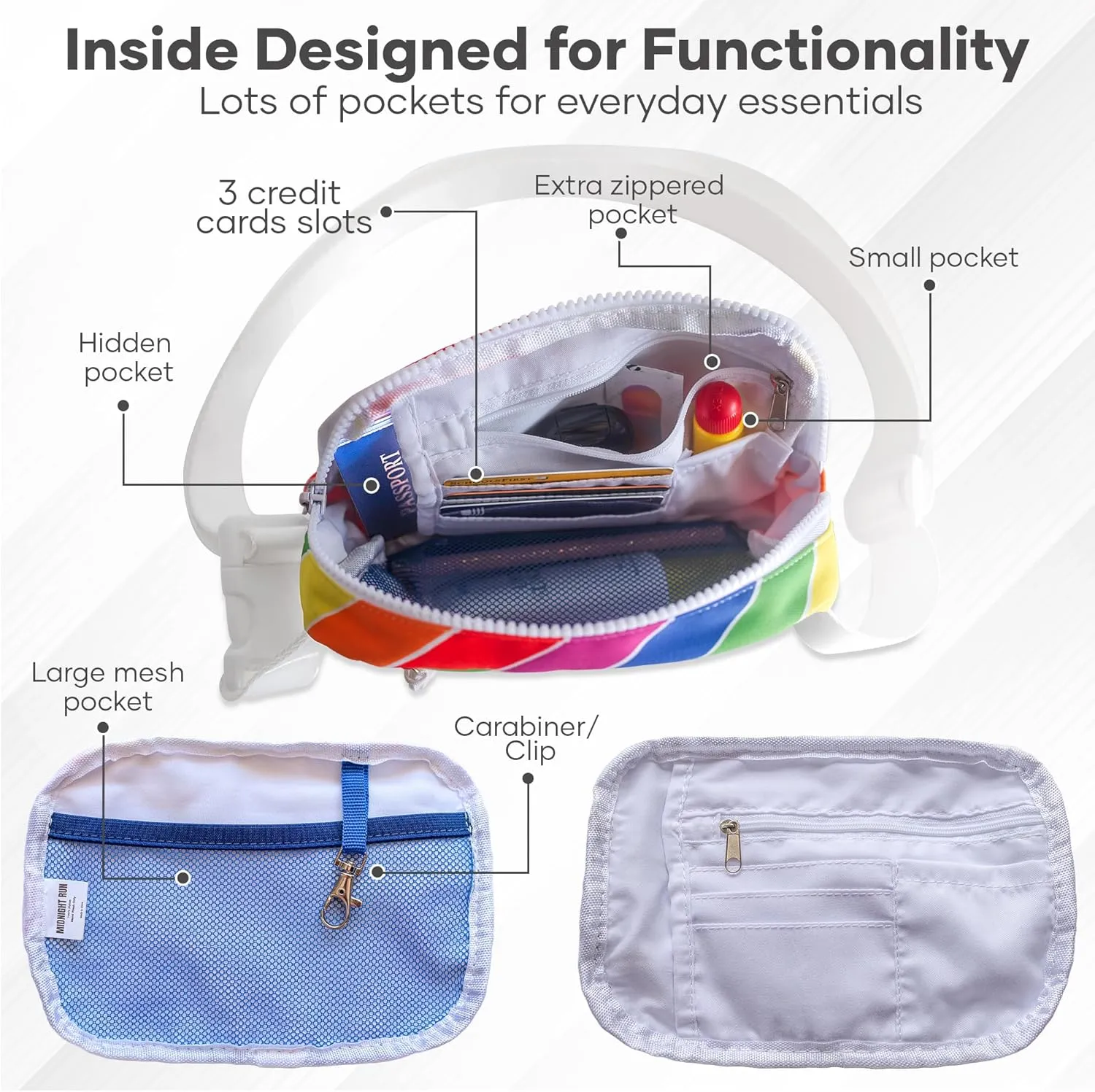 Organized Fanny Pack up to 59”, Rainbow Retro Crossbody Belt Bag, Plus Size 6 pockets, credit card slots, hole for dog bags, waist bag, kids women men gift, by Midnight Run