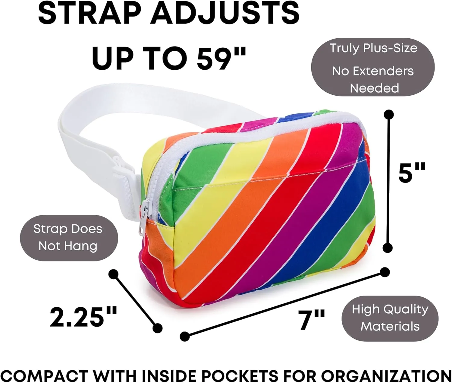 Organized Fanny Pack up to 59”, Rainbow Retro Crossbody Belt Bag, Plus Size 6 pockets, credit card slots, hole for dog bags, waist bag, kids women men gift, by Midnight Run