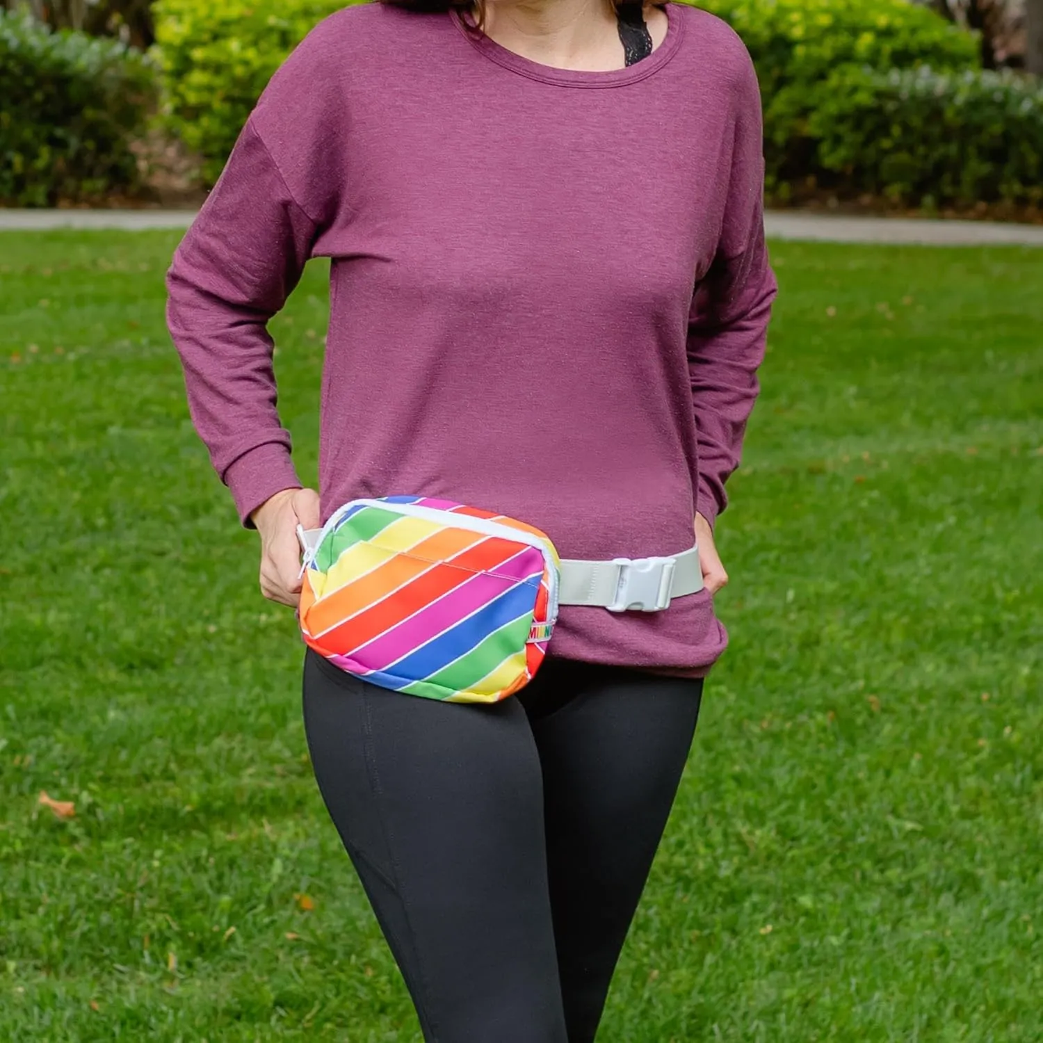 Organized Fanny Pack up to 59”, Rainbow Retro Crossbody Belt Bag, Plus Size 6 pockets, credit card slots, hole for dog bags, waist bag, kids women men gift, by Midnight Run