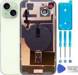 Original 15 Back Glass Replacement & with Plate & Flex Cable and All Parts, Pre-Installed Camera Frame for iPhone 15   Repair Tools (Green)