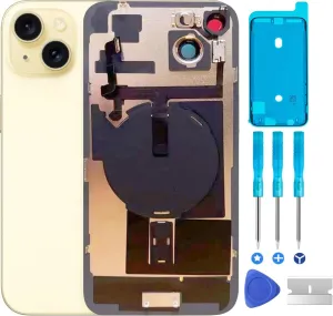 Original 15 Plus Back Glass Replacement & with Plate & Flex Cable and All Parts, Pre-Installed Camera Frame for iPhone 15 Plus   Repair Tools (Yellow)