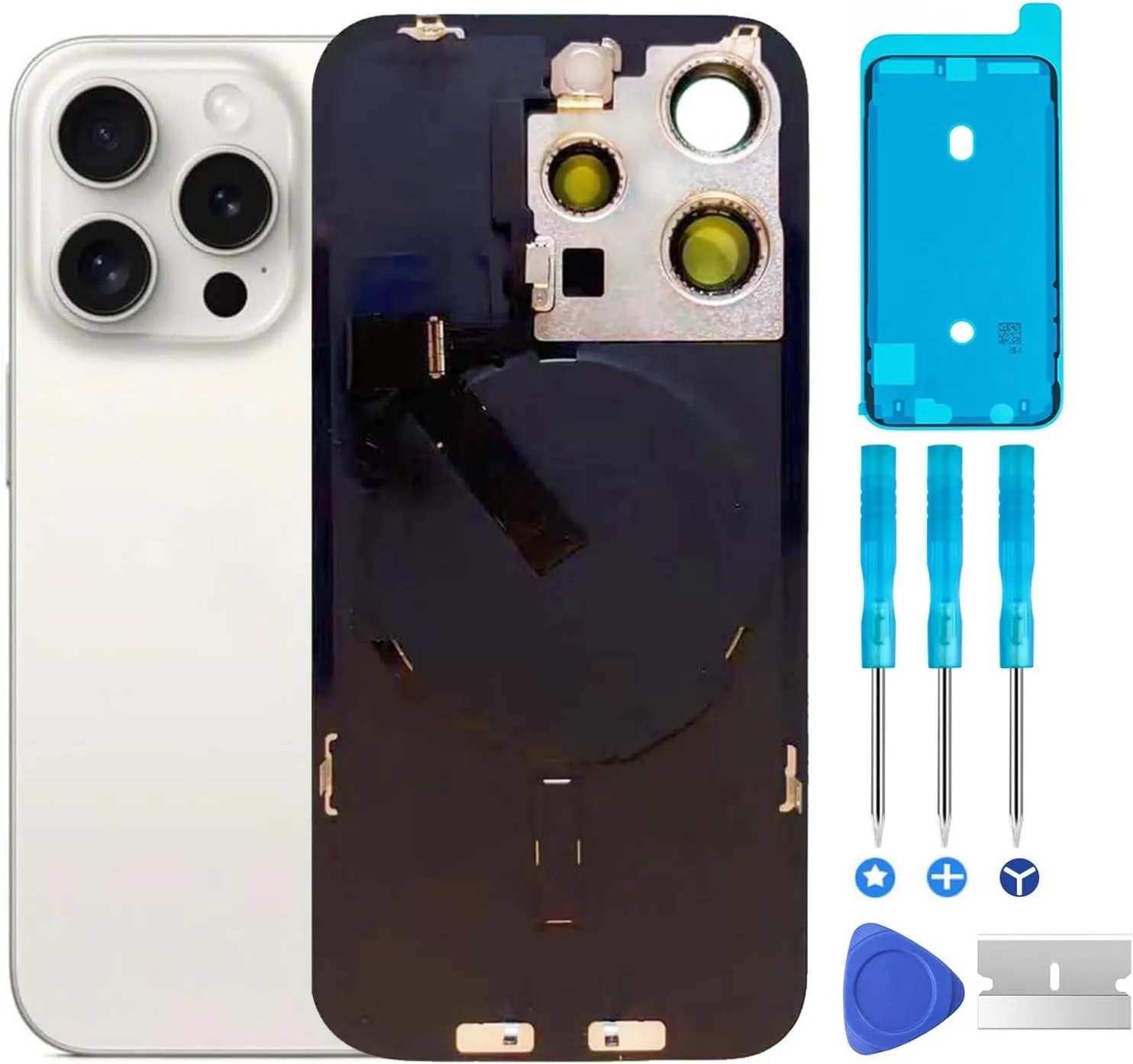 Original 15 Pro Back Glass Replacement & with Plate & Flex Cable and All Parts, Pre-Installed Camera Frame for iPhone 15 Pro   Repair Tools (White)