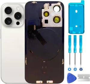 Original 15 Pro Back Glass Replacement & with Plate & Flex Cable and All Parts, Pre-Installed Camera Frame for iPhone 15 Pro   Repair Tools (White)