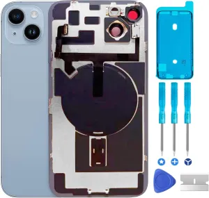 Original Compatible with iPhone 14 Back Glass Replacement & with Plate & Flex Cable and All Parts, Pre-Installed Camera Frame for iPhone14   Repair Tools(Blue)