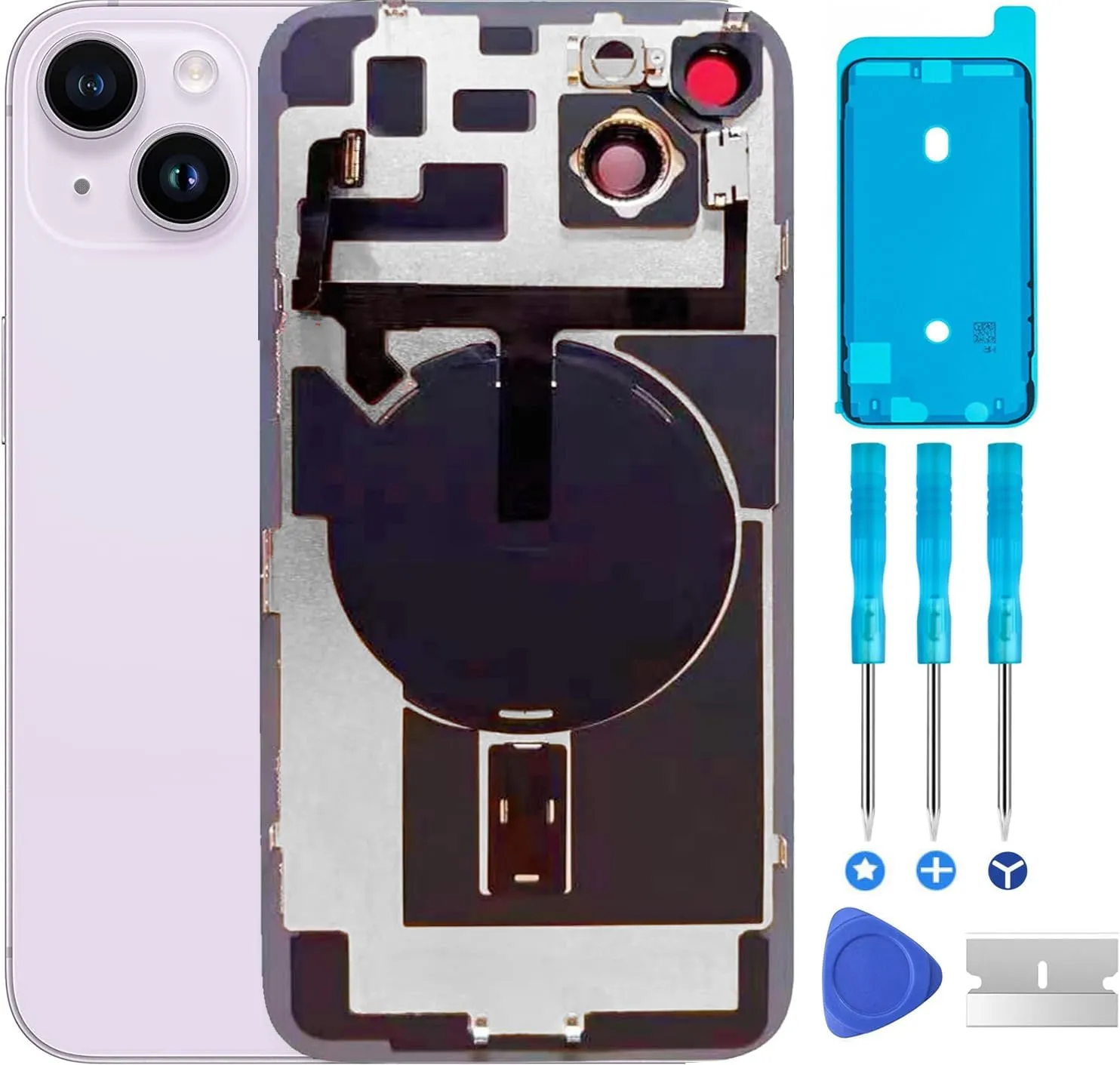 Original Compatible with iPhone 14 Back Glass Replacement & with Plate & Flex Cable and All Parts, Pre-Installed Camera Frame for iPhone14   Repair Tools(Purple)