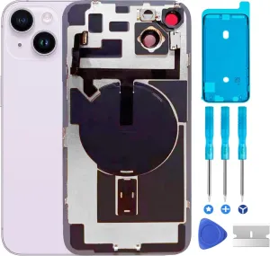 Original Compatible with iPhone 14 Back Glass Replacement & with Plate & Flex Cable and All Parts, Pre-Installed Camera Frame for iPhone14   Repair Tools(Purple)