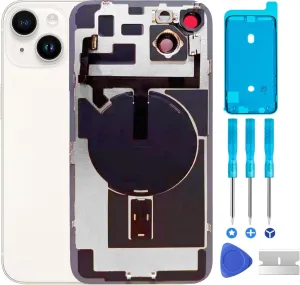 Original Compatible with iPhone 14 Back Glass Replacement & with Plate & Flex Cable and All Parts, Pre-Installed Camera Frame for iPhone14   Repair Tools(Starlight)