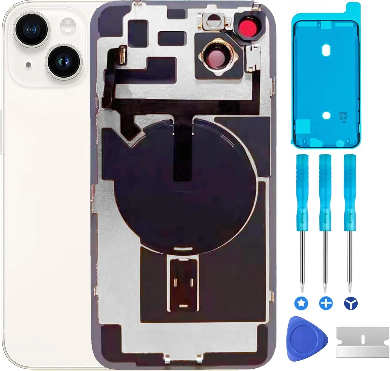 Original Compatible with iPhone 14 Back Glass Replacement & with Plate & Flex Cable and All Parts, Pre-Installed Camera Frame for iPhone14   Repair Tools(Starlight)