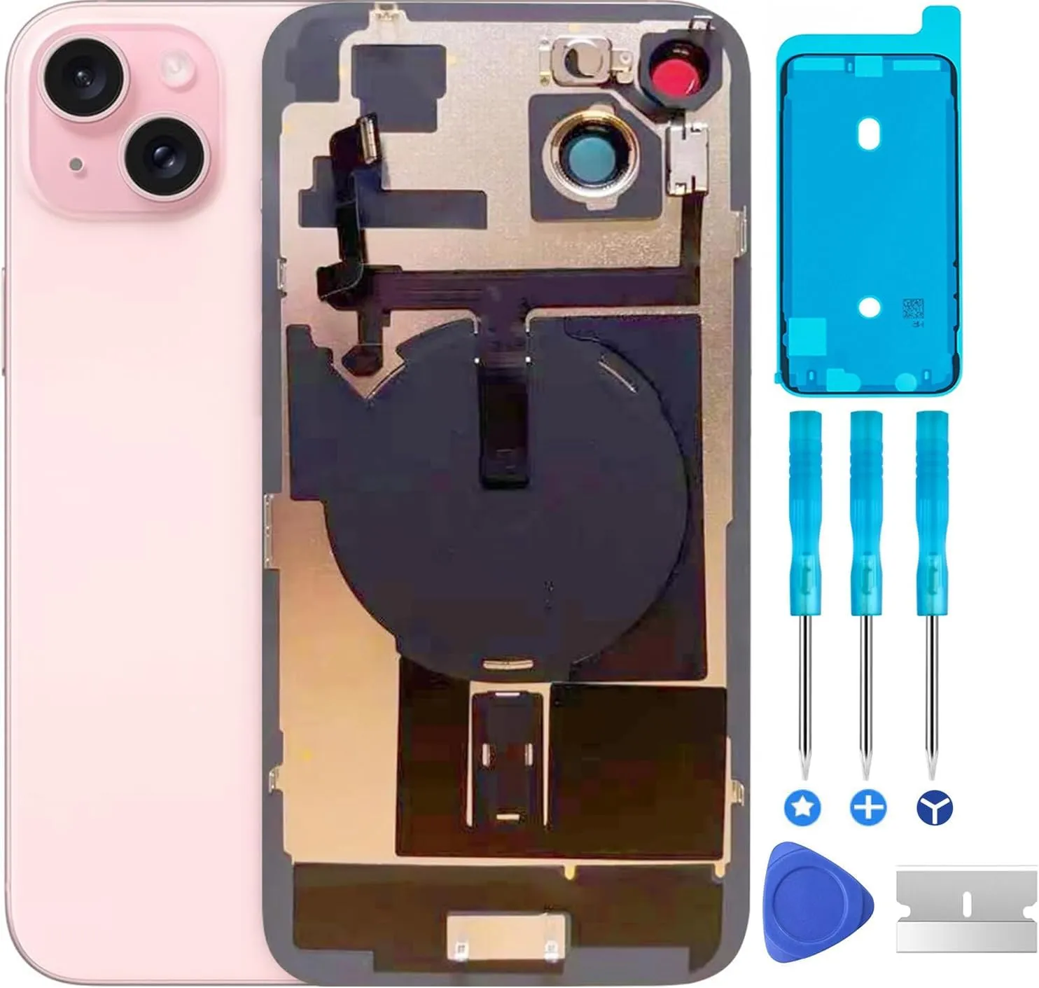 Original Compatible with iPhone 15 Back Glass Replacement & with Plate & Flex Cable and All Parts, Pre-Installed Camera Frame for iPhone15   Repair Tools (Pink)