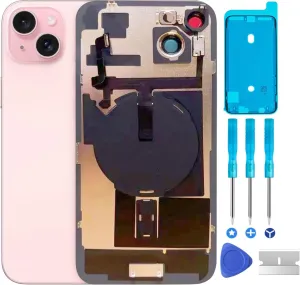 Original Compatible with iPhone 15 Back Glass Replacement & with Plate & Flex Cable and All Parts, Pre-Installed Camera Frame for iPhone15   Repair Tools (Pink)