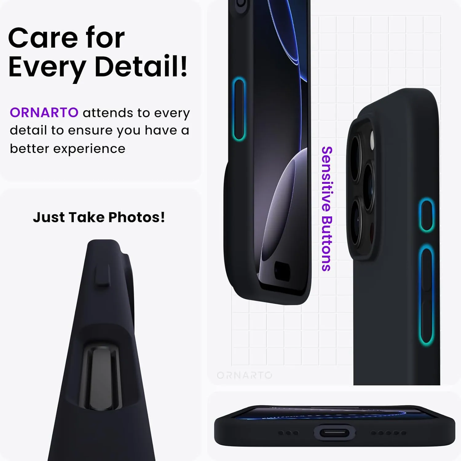 ORNARTO Compatible with iPhone 16 Pro Case 6.3", Slim Liquid Silicone 3 Layers Soft Gel Rubber Shockproof Protective Case with Anti-Scratch Microfiber Lining-Black