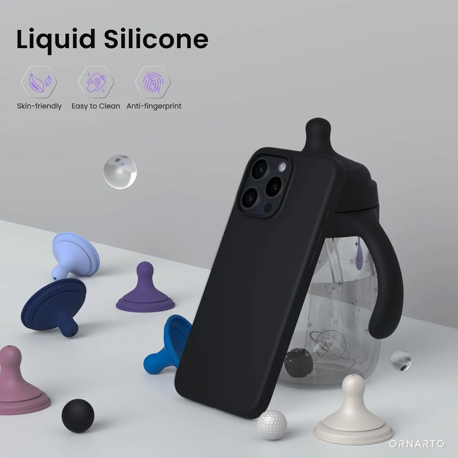 ORNARTO Compatible with iPhone 16 Pro Case 6.3", Slim Liquid Silicone 3 Layers Soft Gel Rubber Shockproof Protective Case with Anti-Scratch Microfiber Lining-Black
