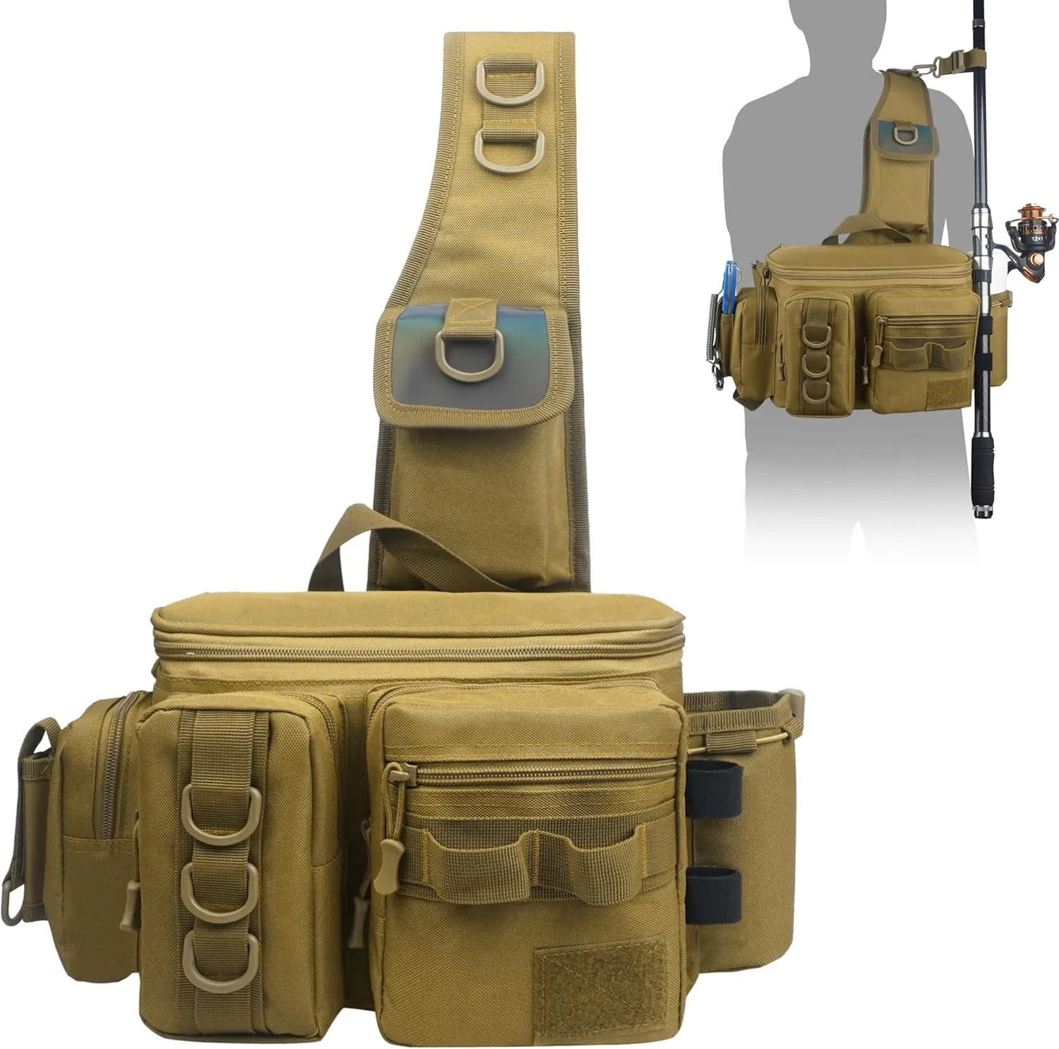 OROOTL Fishing Sling Bag with Rod Holder, Portable Fishing Backpack Lightweight Fishing Fanny Pack Waterproof Crossbody Fishing Gear Storage Bag for Men Women Gift