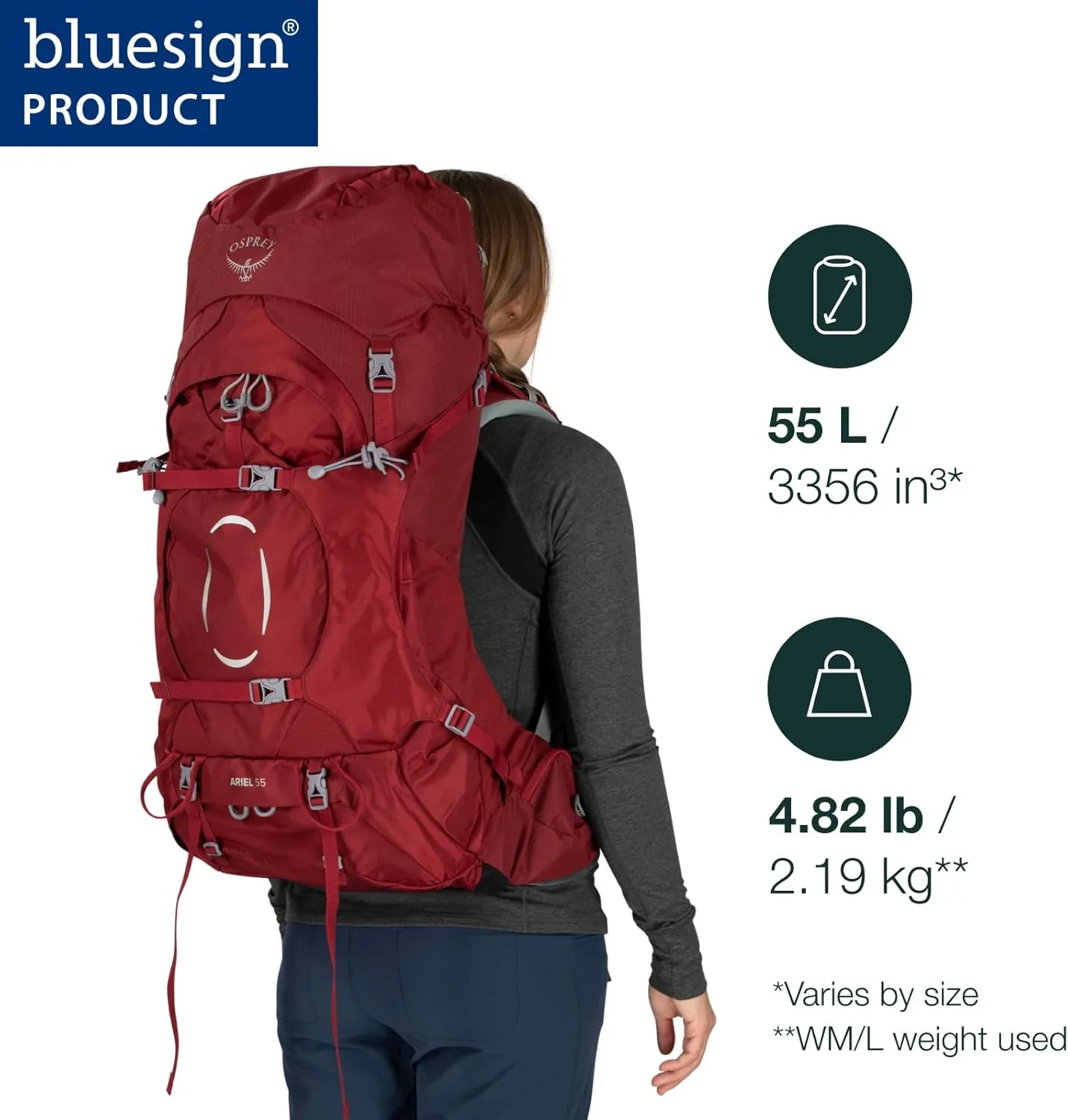 Osprey Ariel 55L Women's Backpacking Backpack, Black, WXS/S