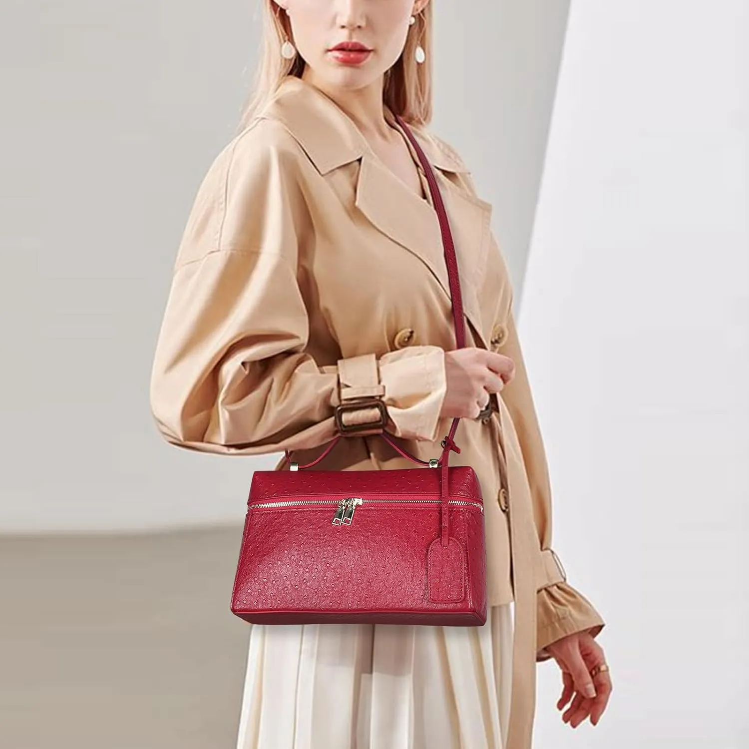 Ostrich Leather Pouch Top Handle Purses for Women Cream Small Vanity Bag Trendy Purses Quiet Luxury Handbag Crossbody Bags