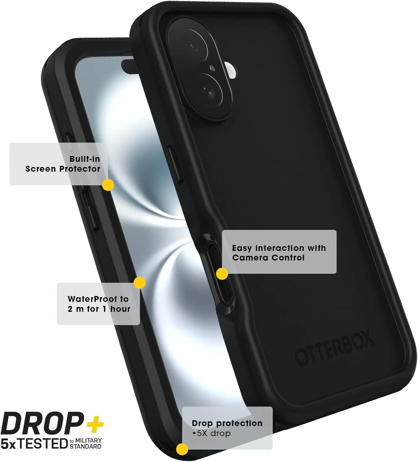 OtterBox iPhone 16 Pro Max FRĒ Series Waterproof Case with MagSafe (Designed by LifeProof) - Black, Waterproof, 60% Recycled Plastic, Sleek and Stylish