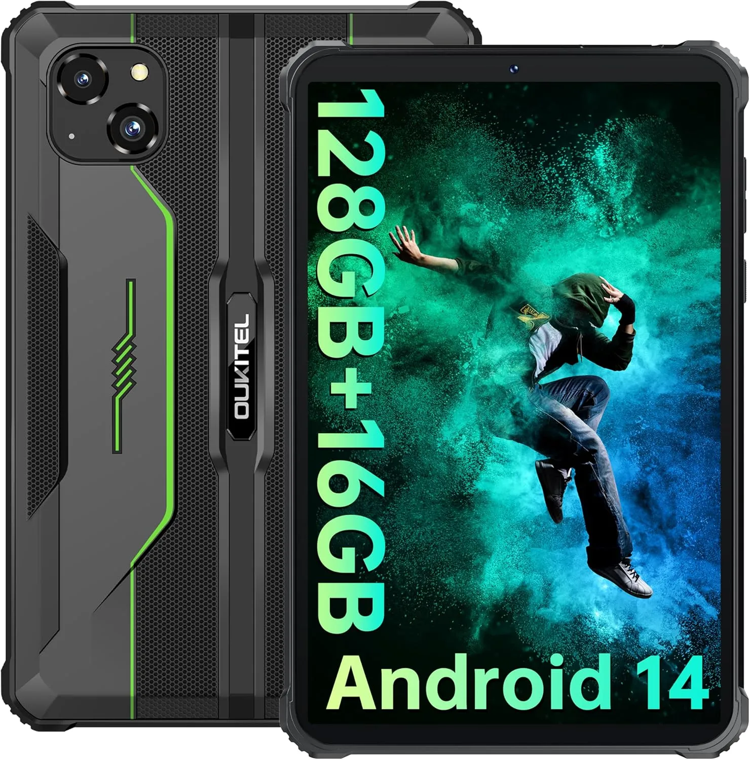 OUKITEL RT3 Pro Rugged Tablet - 16GB 128GB 1TB Expandable Waterproof Android 14 Tablet, 8 Inch HD Display, 5150mAh Battery Tablets, 16 8MP Camera, 4G Dual SIM/5G WiFi/Face ID/OTG/NFC/BT5.0, Green