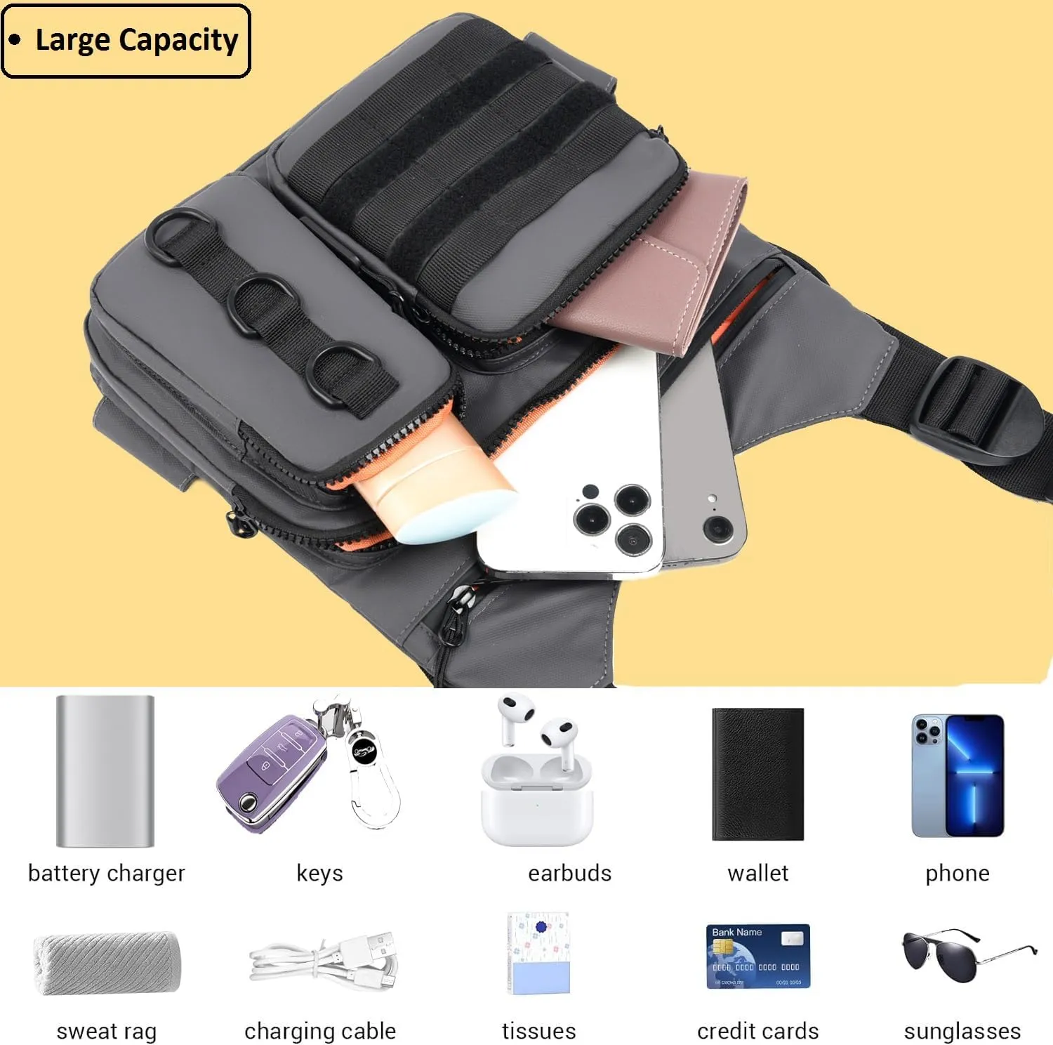 Outdoor Chest Bag for Men, Lightweight Running Vest with Water Bottle Pocket, EDC Chest Pack for Hiking, Cycling