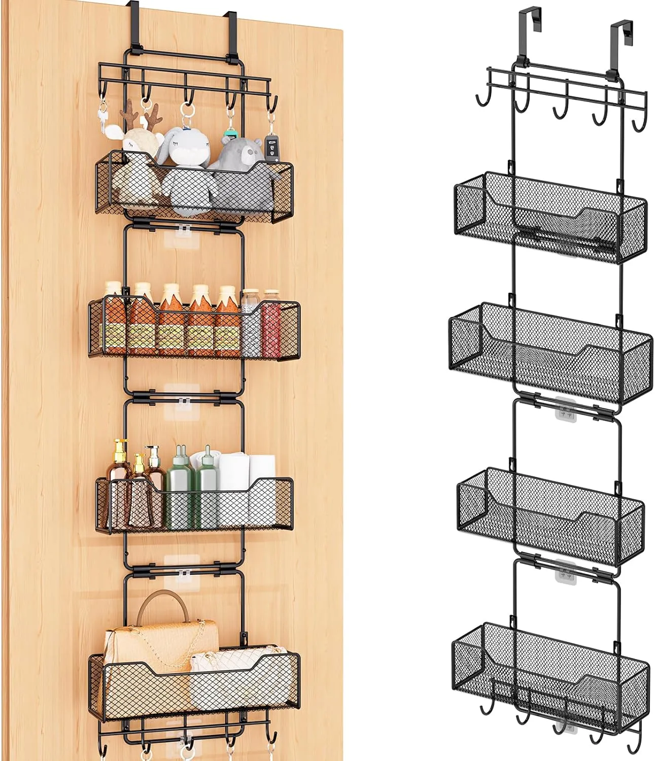 Over The Door Organizer, Adjustable Hanging Door Organizer Storage with 4-Tier Metal Large Capacity Baskets and 10 Hooks, Over The Door Pantry Organizer for Bathroom, Bedroom, Kitchen, Office