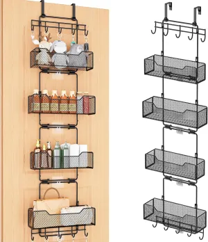 Over The Door Organizer, Adjustable Hanging Door Organizer Storage with 4-Tier Metal Large Capacity Baskets and 10 Hooks, Over The Door Pantry Organizer for Bathroom, Bedroom, Kitchen, Office