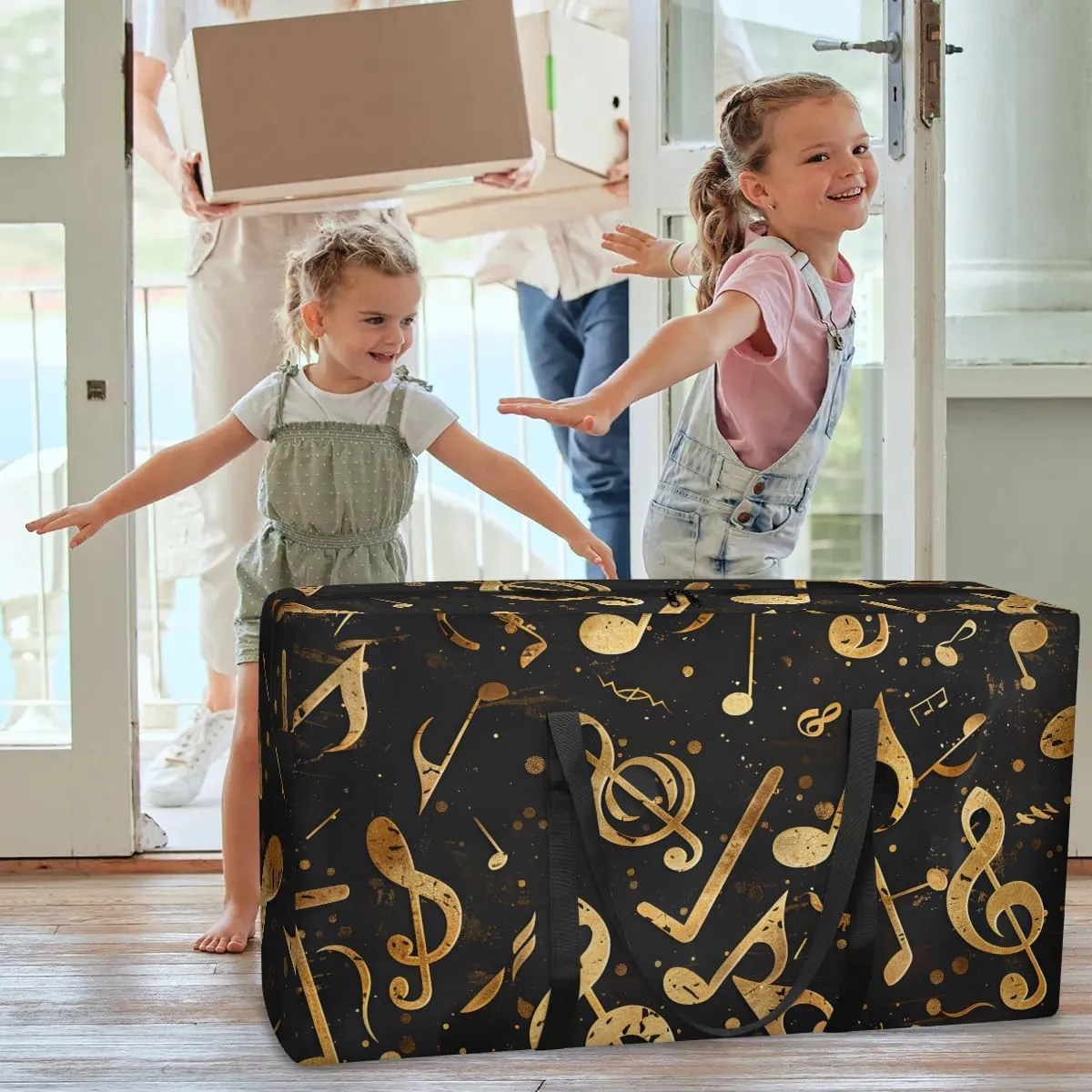 Oversized Moving Bags Gold Notes Music Waterproof Storage Totes Large Storage Bags for Clothes Packing Bags for Moving Travel & Clothes Storage