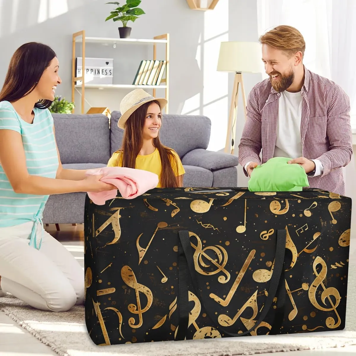 Oversized Moving Bags Gold Notes Music Waterproof Storage Totes Large Storage Bags for Clothes Packing Bags for Moving Travel & Clothes Storage
