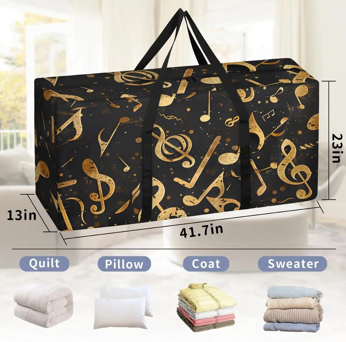 Oversized Moving Bags Gold Notes Music Waterproof Storage Totes Large Storage Bags for Clothes Packing Bags for Moving Travel & Clothes Storage