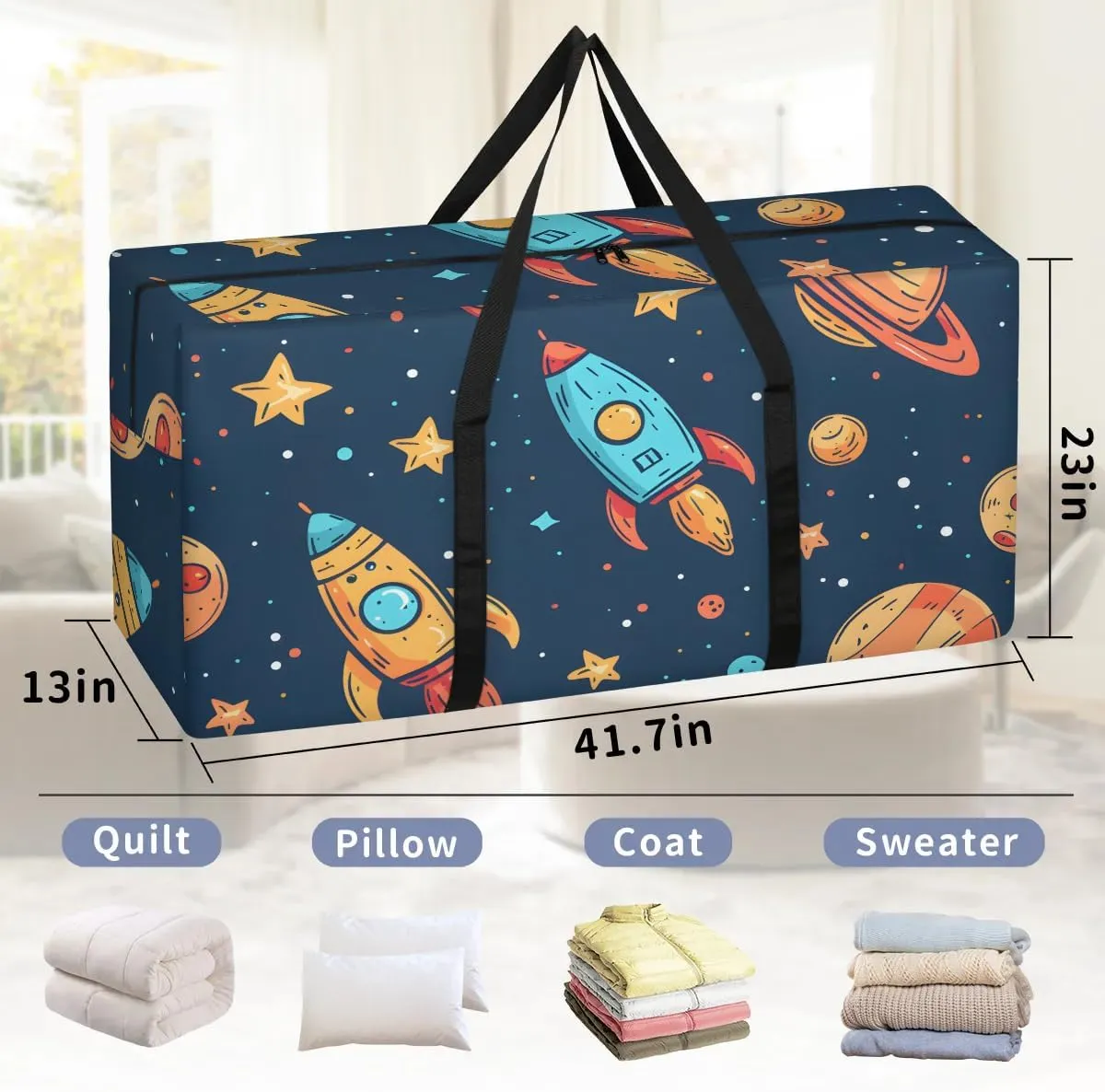 Oversized Moving Bags Rocket Space Planet Waterproof Storage Totes Large Storage Bags for Clothes Packing Bags for Moving Travel & Clothes Storage