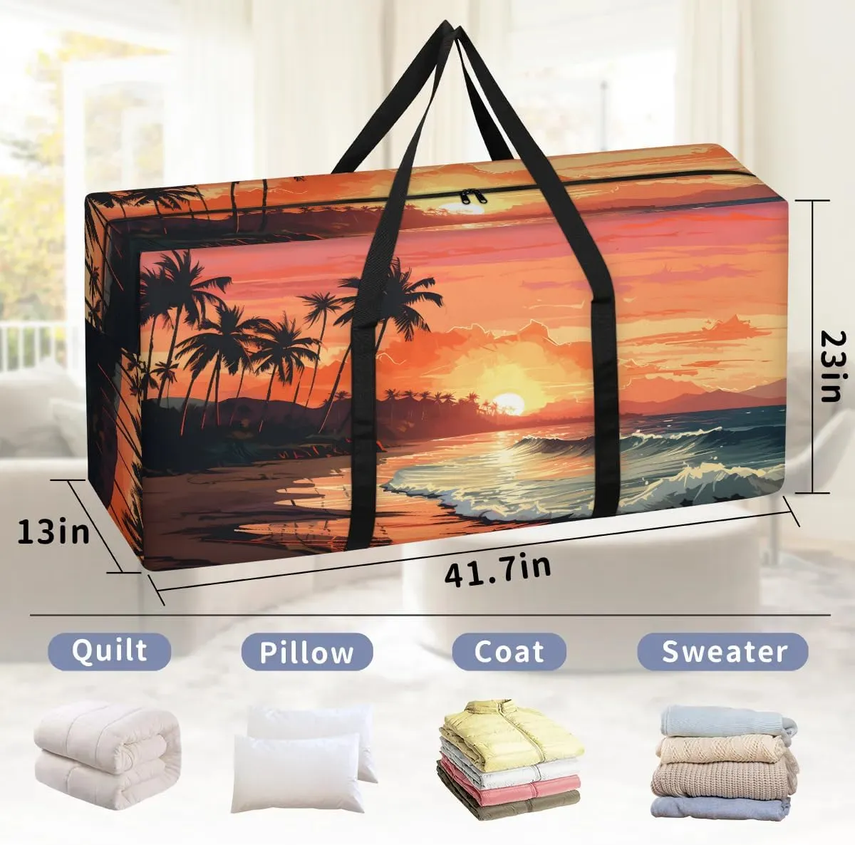 Oversized Moving Bags Scenery Beach Sunset Waterproof Storage Totes Large Storage Bags for Clothes Packing Bags for Moving Travel & Clothes Storage