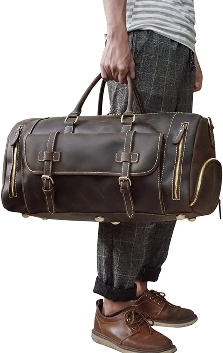 Oversized Travel Duffel Bag Waterproof Canvas Genuine Leather Weekend Bag Weekender Overnight Carryon Hand Bag (Color : C, Size : 58 * 26 * 27cm)
