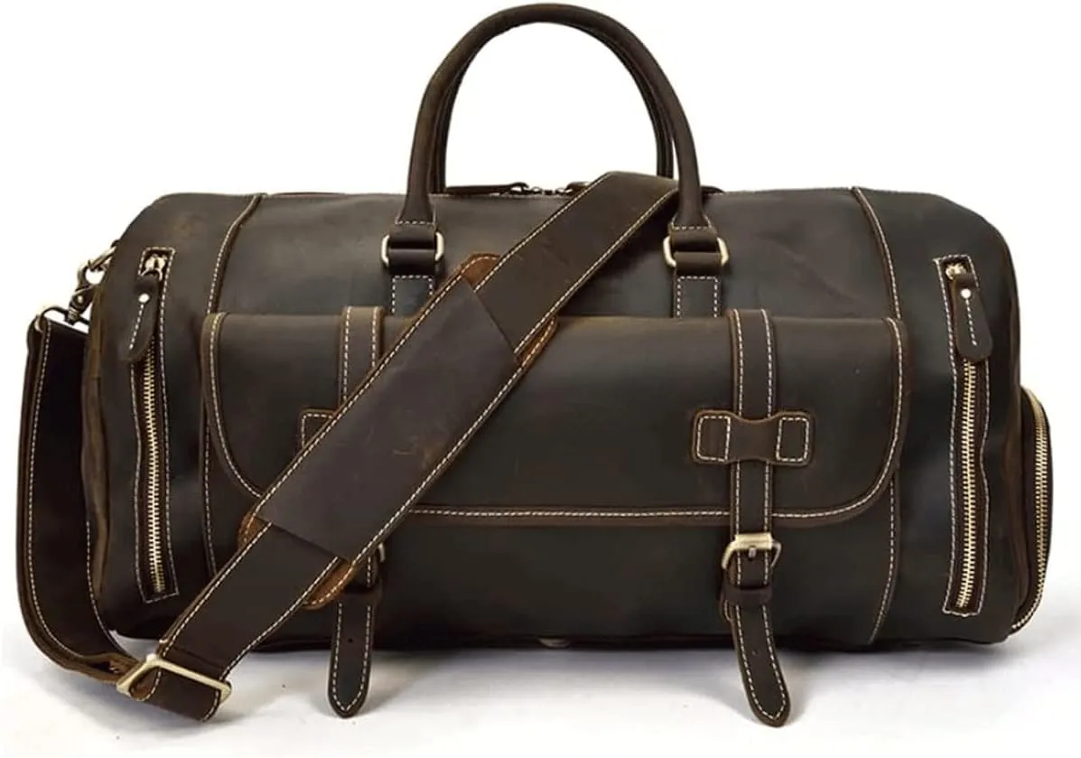 Oversized Travel Duffel Bag Waterproof Canvas Genuine Leather Weekend Bag Weekender Overnight Carryon Hand Bag (Color : C, Size : 58 * 26 * 27cm)