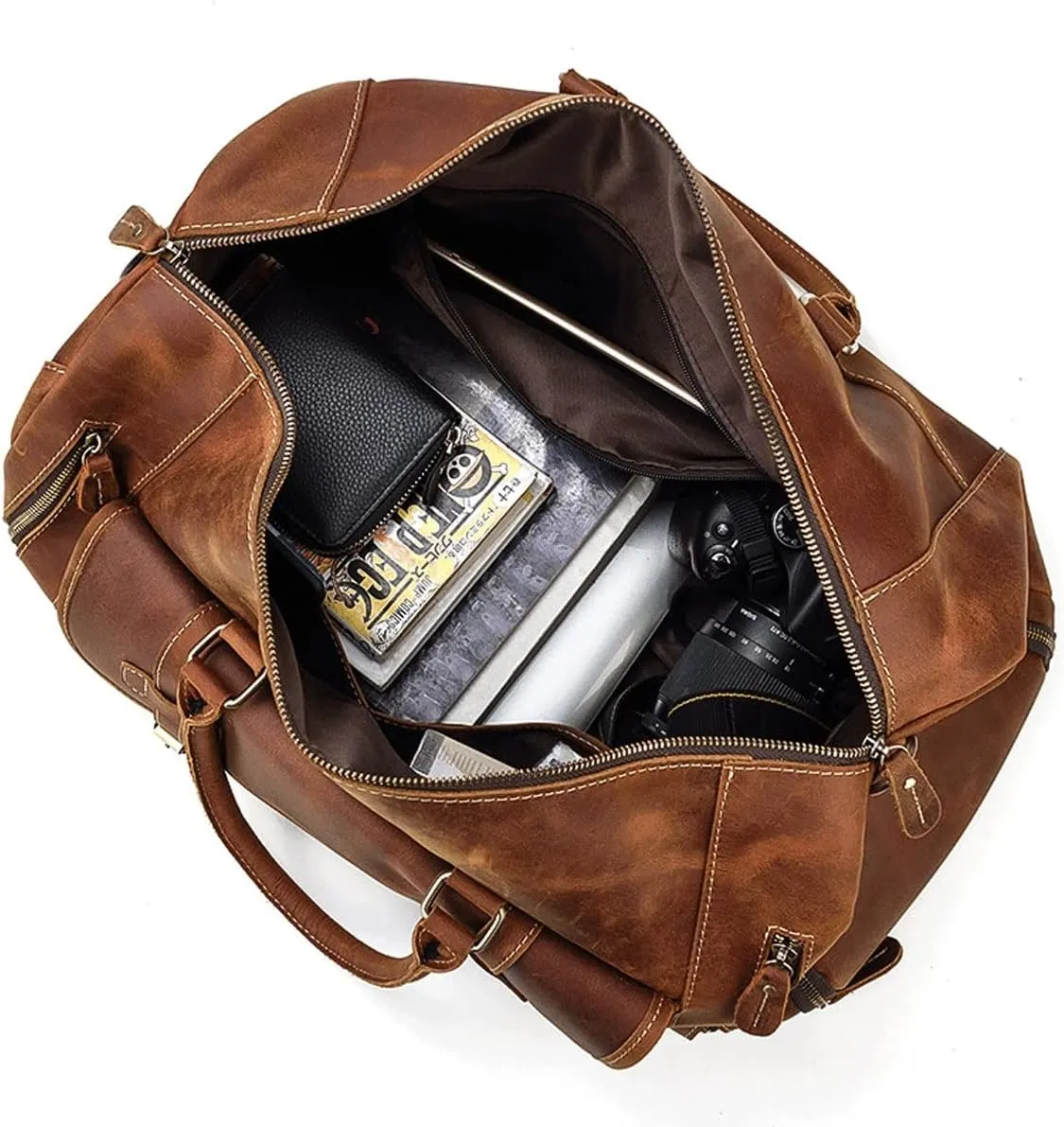 Oversized Travel Duffel Bag Waterproof Canvas Genuine Leather Weekend Bag Weekender Overnight Carryon Hand Bag (Color : C, Size : 58 * 26 * 27cm)