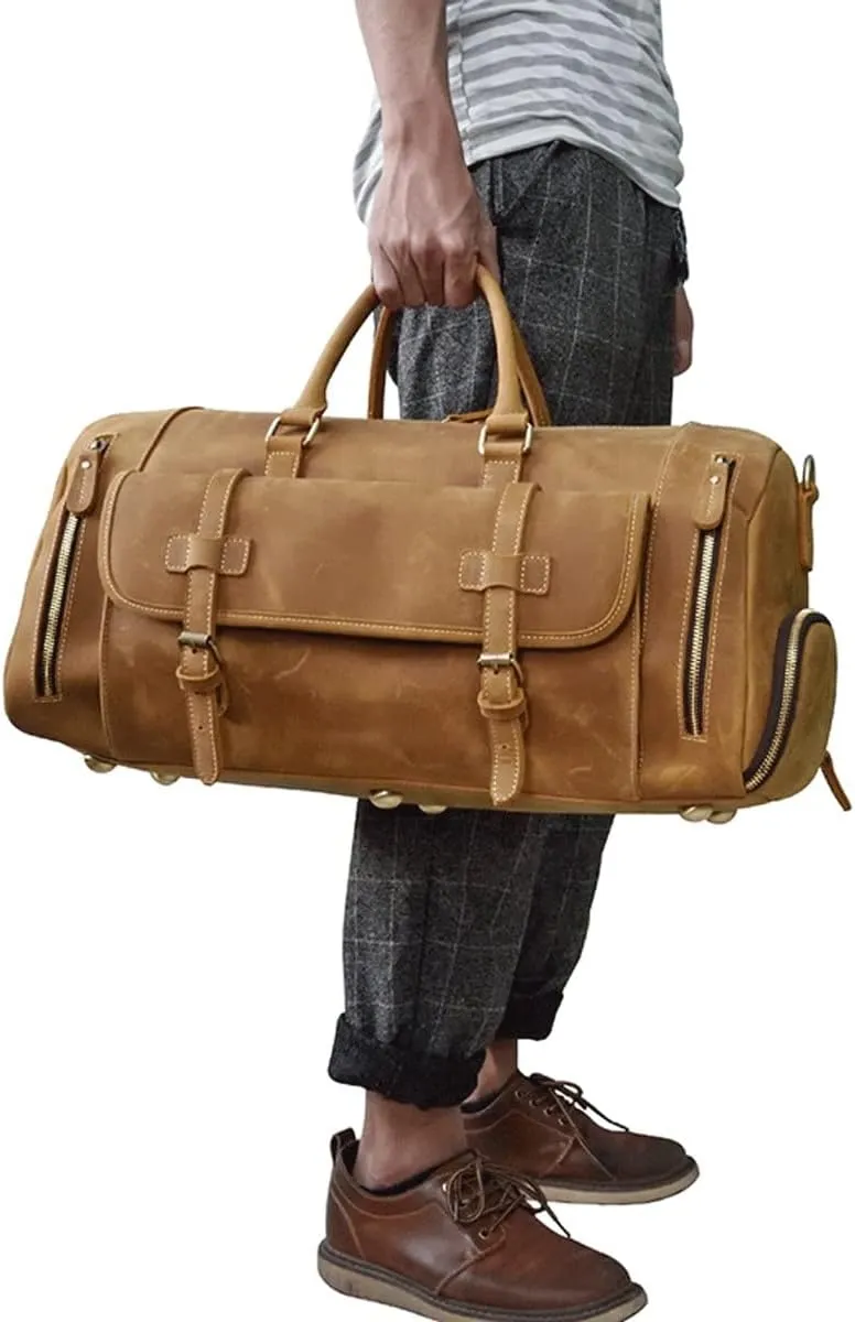 Oversized Travel Duffel Bag Waterproof Canvas Genuine Leather Weekend Bag Weekender Overnight Carryon Hand Bag (Color : C, Size : 58 * 26 * 27cm)