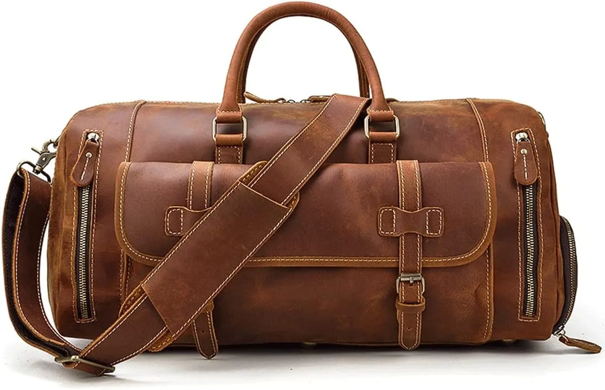 Oversized Travel Duffel Bag Waterproof Canvas Genuine Leather Weekend Bag Weekender Overnight Carryon Hand Bag (Color : C, Size : 58 * 26 * 27cm)
