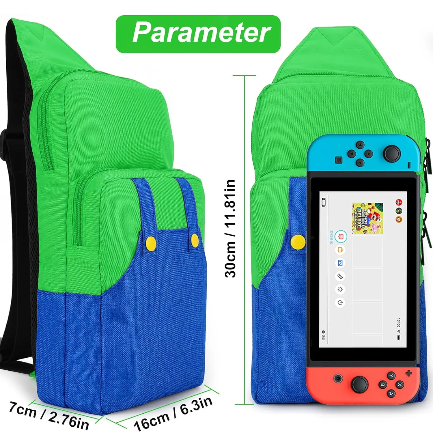 Owngen Travel Bag for Nintendo Switch/Lite/OLED, for Super Luigi Portable Gaming Sling Chest Shoulder Crossbody Carrying Accessories Storage Backpack with Cute Game Card Case, 4 Thumb Grip Caps