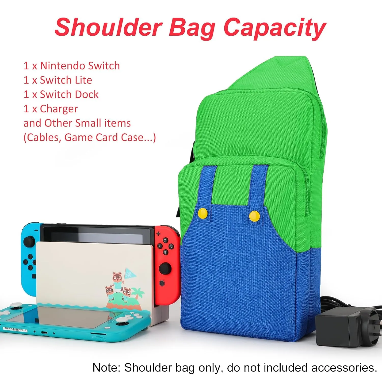 Owngen Travel Bag for Nintendo Switch/Lite/OLED, for Super Luigi Portable Gaming Sling Chest Shoulder Crossbody Carrying Accessories Storage Backpack with Cute Game Card Case, 4 Thumb Grip Caps