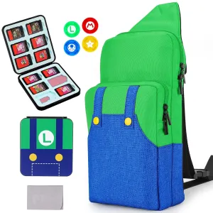 Owngen Travel Bag for Nintendo Switch/Lite/OLED, for Super Luigi Portable Gaming Sling Chest Shoulder Crossbody Carrying Accessories Storage Backpack with Cute Game Card Case, 4 Thumb Grip Caps