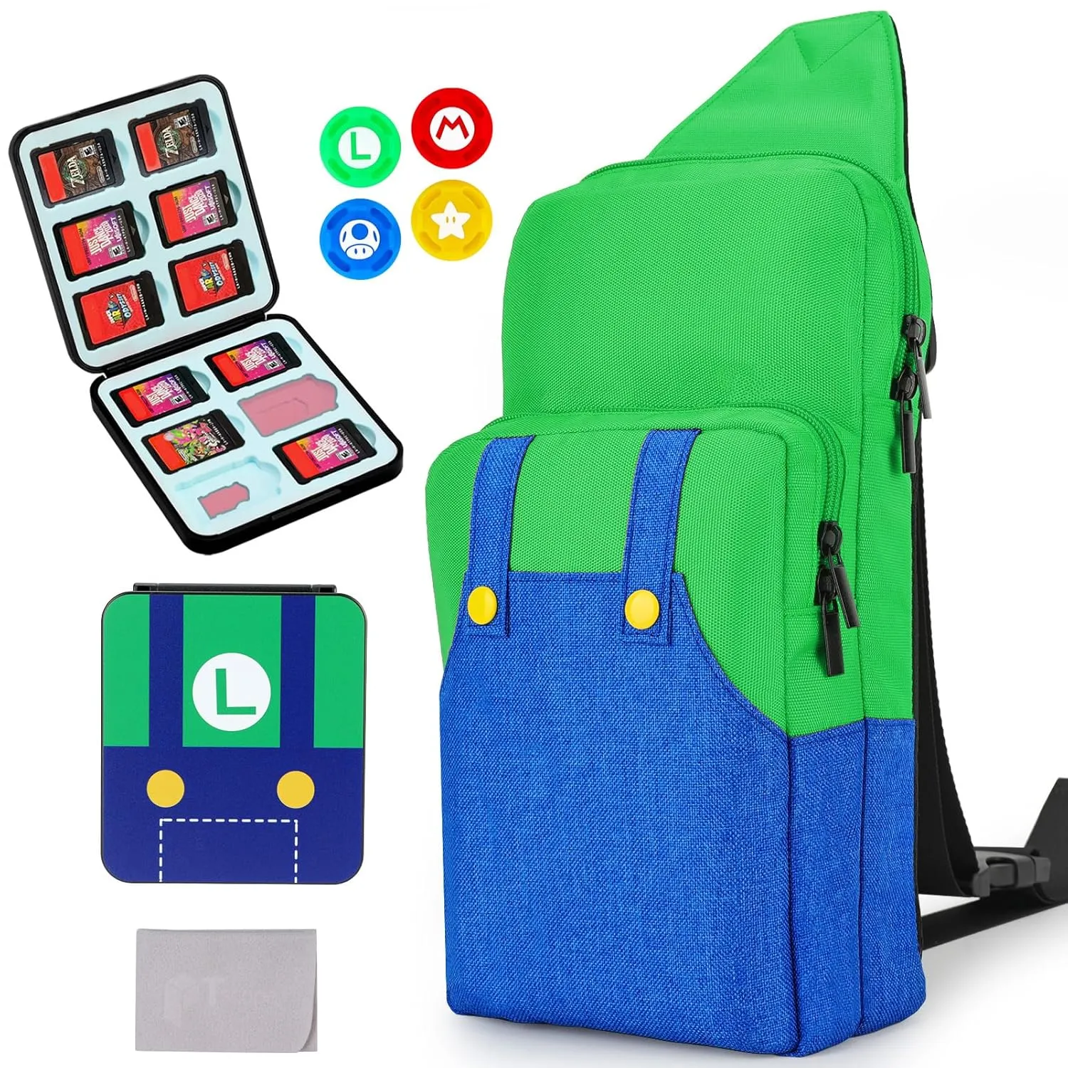 Owngen Travel Bag for Nintendo Switch/Lite/OLED, for Super Luigi Portable Gaming Sling Chest Shoulder Crossbody Carrying Accessories Storage Backpack with Cute Game Card Case, 4 Thumb Grip Caps