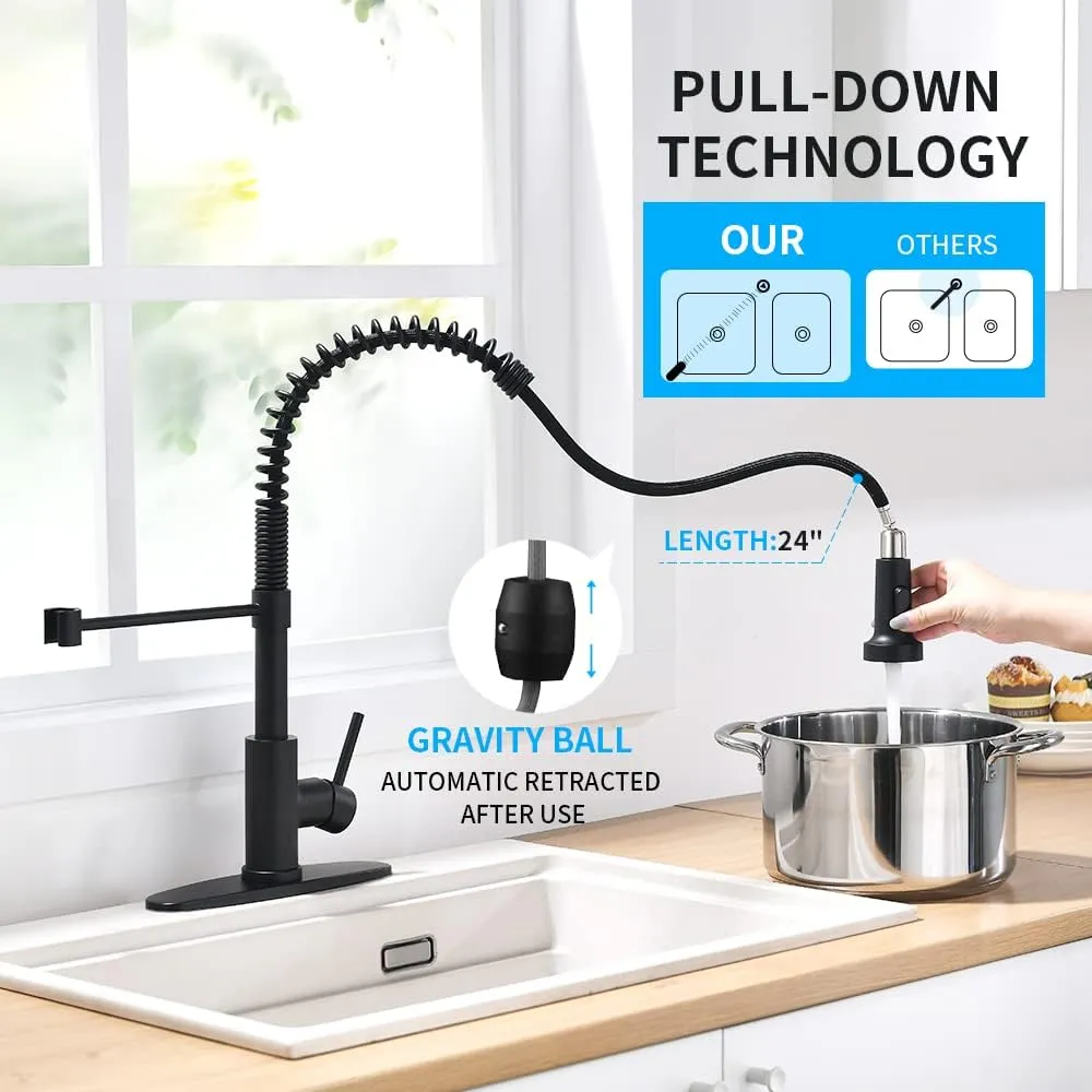 OWOFAN Black Kitchen Faucet with Pull Down Sprayer 1 Handle Pull Out Sink Faucets 1 Hole Or 3 Hole 2 Function for Farmhouse Camper Laundry Utility Rv Wet Bar