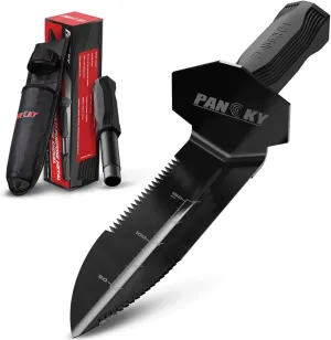 PANCKY Metal Detector Shovel with Extended Handle & Carrying Sheath, Heavy Duty Double Serrated Edge Metal Detecting Digging Tool, Digger Trowel for Gardening, Camping, Black
